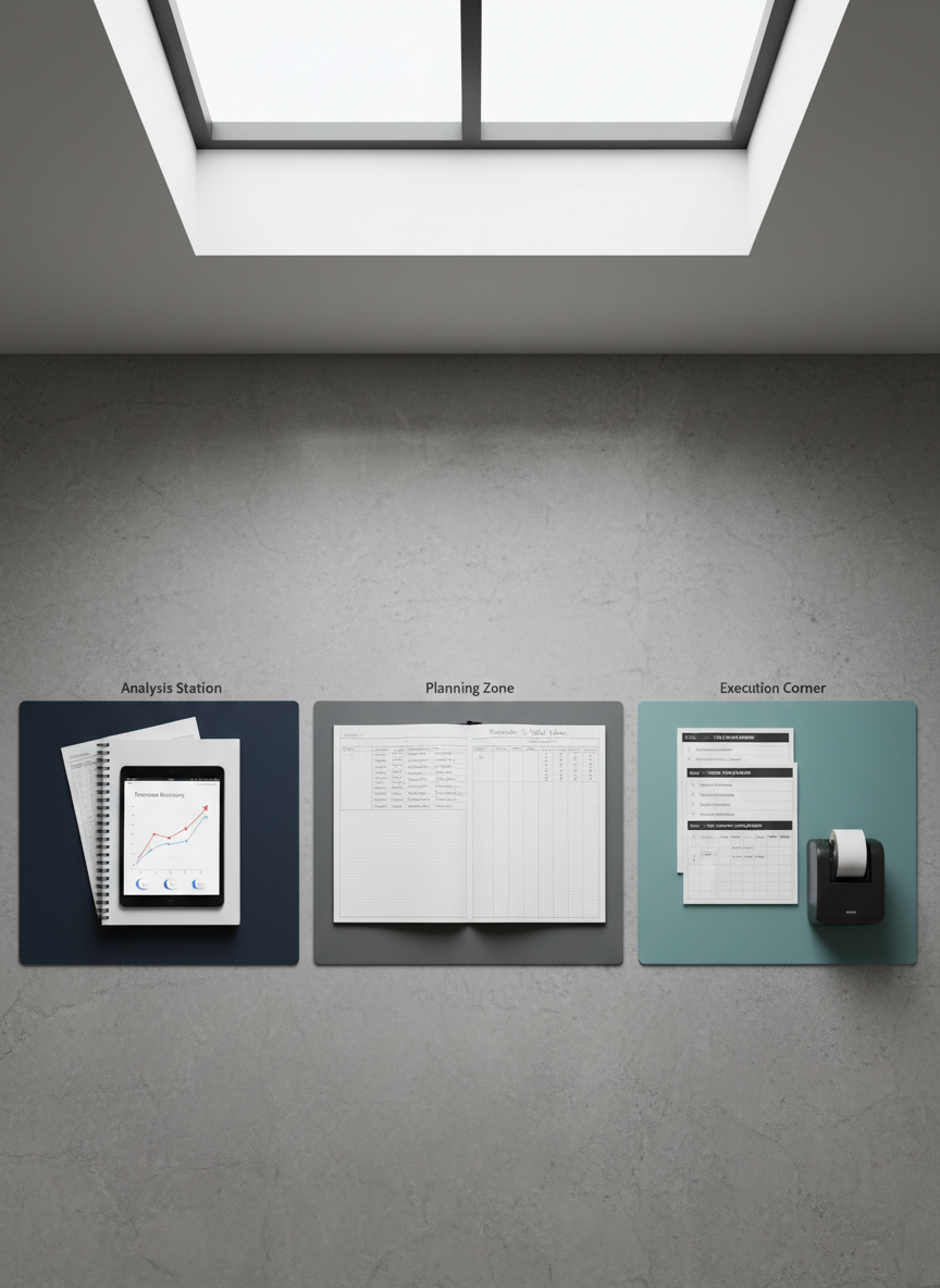 A bird’s-eye view of a polished concrete operations workspace featuring three distinct, clearly zoned areas: a tidy analysis station with stacked reports and a tablet displaying a revenue recovery graph, a planning zone with a large, gridded notebook open to a prioritized task matrix, and an execution corner displaying neatly aligned checklists and a compact label printer. Each area is separated by subtle, colored desk pads in navy, graphite, and soft teal. Natural, overcast daylight from a high skylight creates even, shadow-soft illumination, emphasizing surfaces and organization. Photographic realism with sharp focus across the frame, creating a systematic, grid-like composition. The mood is strategic and confident, reinforcing the idea of turning scattered efforts into a cohesive, measurable operations system.