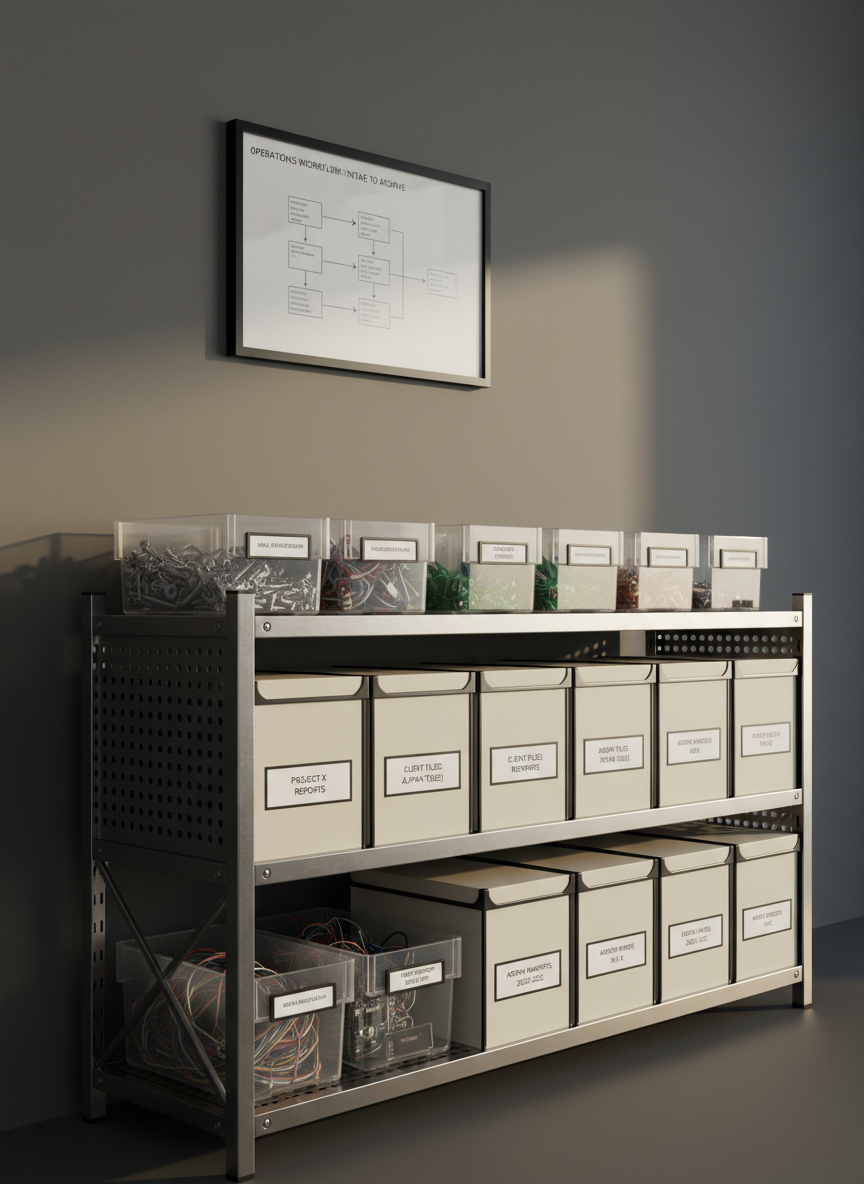 A close-up of an industrial-style metal shelving unit holding neatly labeled archive boxes and transparent containers filled with organized components, each label printed in clean, sans-serif type. The shelving stands against a smooth, matte charcoal wall with a single, subtle operations workflow diagram framed in black aluminum. A shaft of soft afternoon light enters from the right, creating a gentle gradient across the wall and casting tidy linear shadows through the shelving structure. Photographic realism, captured at a three-quarter angle with moderate depth of field, keeps the labels and textures in crisp focus while the background gently softens. The mood is calm, efficient, and methodical, visually expressing the shift from cluttered chaos to streamlined, recoverable order.