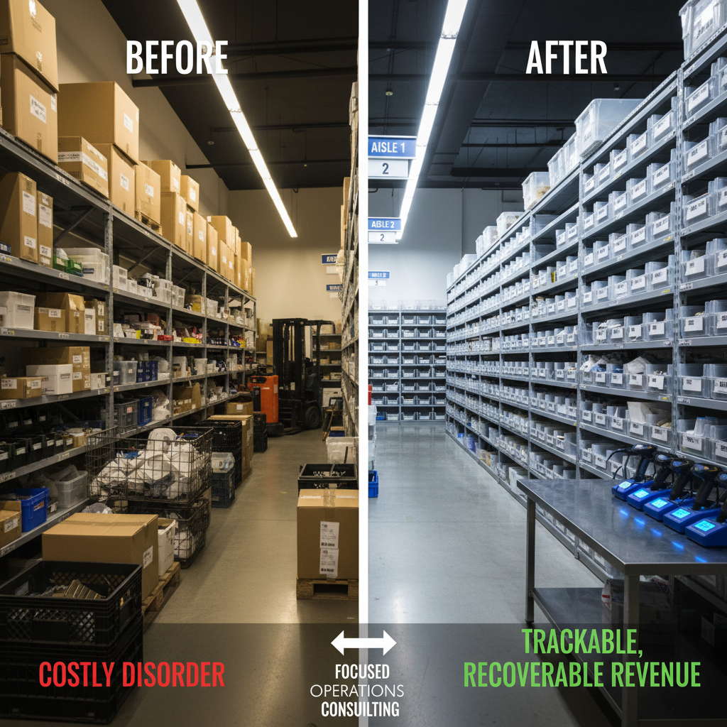 A high-contrast before-and-after split image of a warehouse inventory section, left side showing slightly blurred, chaotic stacks of unlabeled boxes and mismatched containers, right side revealing perfectly aligned shelves with barcoded bins, digital scanners resting in charging docks, and clear signage above each aisle. The central vertical divide is clean and precise. Cool, bright LED lighting floods the right side, making every label and edge crisp, while the left side is subtly dimmer and less defined. Photographic realism with symmetrical composition, emphasizing the transformation. The mood is decisive and persuasive, visually narrating the shift from costly disorder to trackable, recoverable revenue through focused operations consulting.