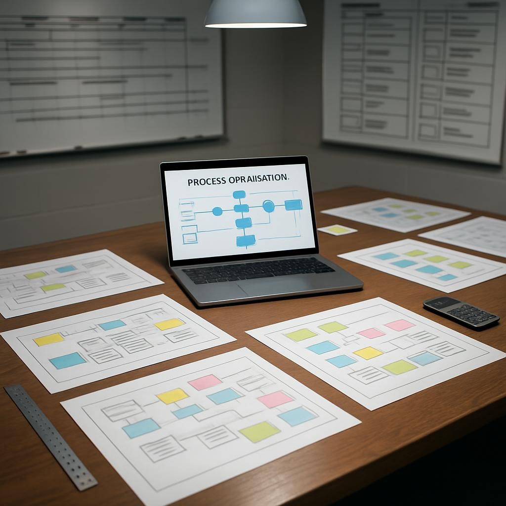 A meticulously organized operations war room table, covered with neatly aligned printed process maps, color-coded sticky notes, and a central, open laptop displaying a process optimization flowchart in sharp detail. The tabletop is a warm walnut wood, free of clutter beyond a stainless-steel ruler and a single, slim calculator. Around the edges of the frame, blurred whiteboards filled with structured timelines and clearly sectioned task lists suggest broader strategic planning. Overhead, cool white pendant lights cast even, controlled illumination, creating crisp shadows and highlighting the precision of every element. Photographic realism, captured from a slightly elevated angle with balanced composition, evokes a mood of focused problem-solving and operational discipline.